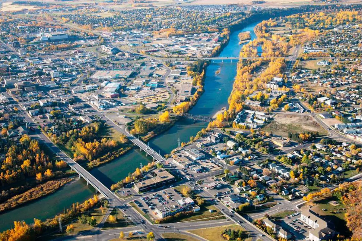Red Deer, aerial view of the city in Alberta, where magicians & mentalists can held shows