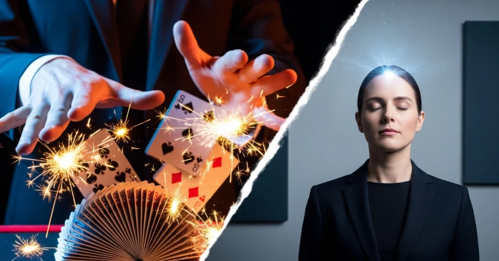 The card and mind reading of a woman demonstrating the Magic vs Mentalism