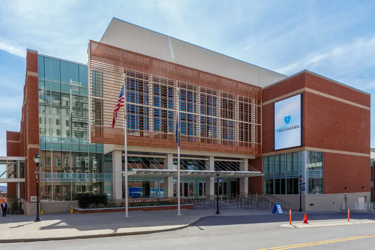 Front view of Albany Capital Center, a good venue for magician and mentalist shows for corporate audience.