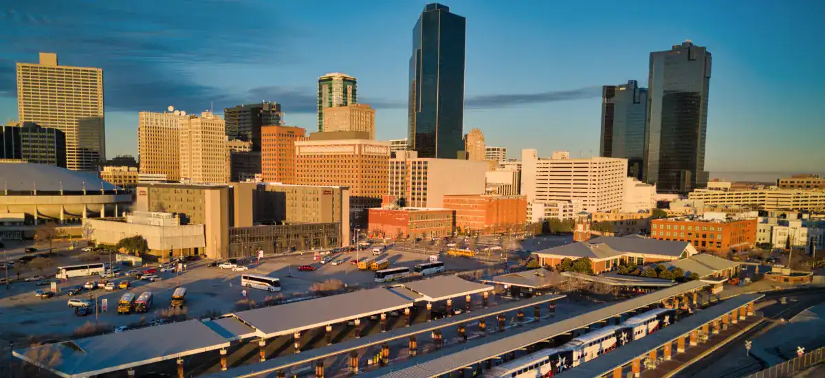 Skyline view behind the transportation center in Fort Worth.