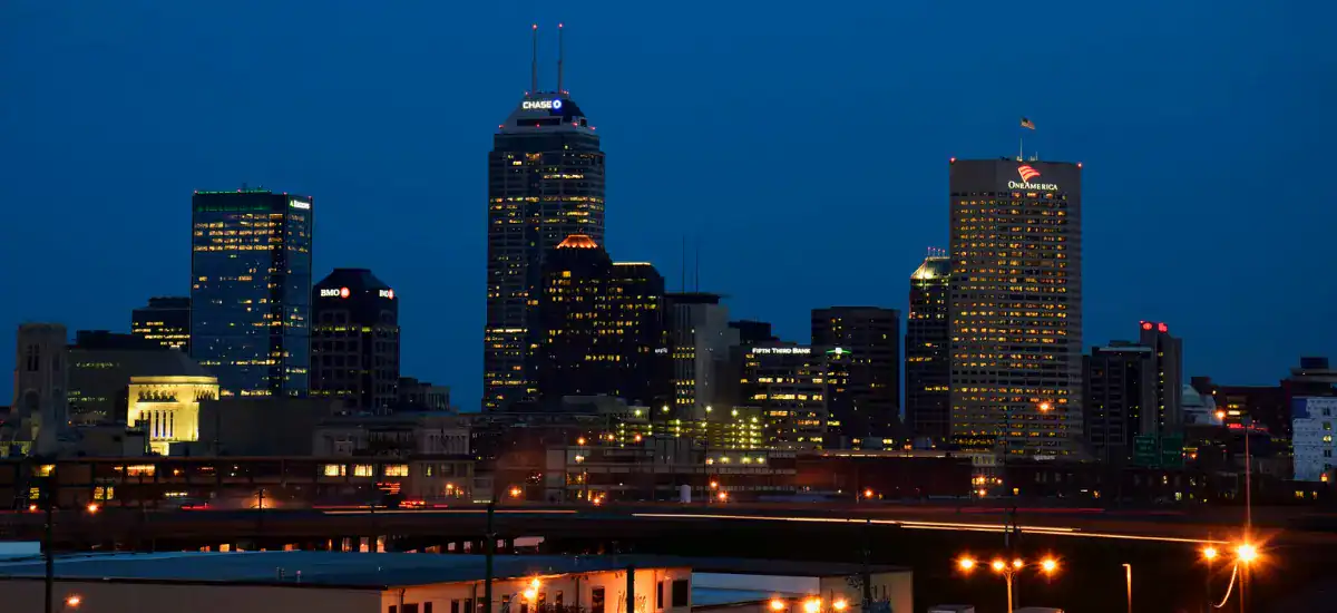 Indianapolis skyline view at night.