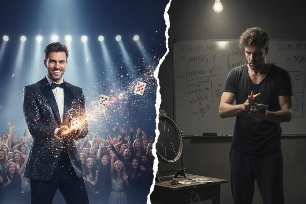 A magician showing he discipline, secret and hard work behind the magic show.